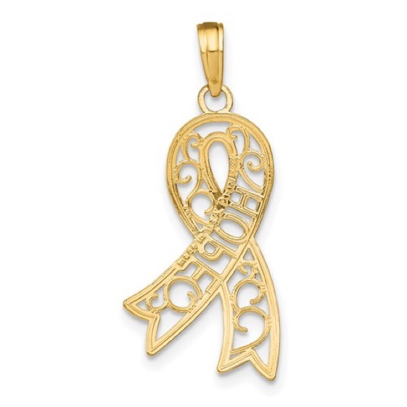 10k two-tone gold filigree Hope Cancer Ribbon Charm necklace pendant - Picture 3 of 4
